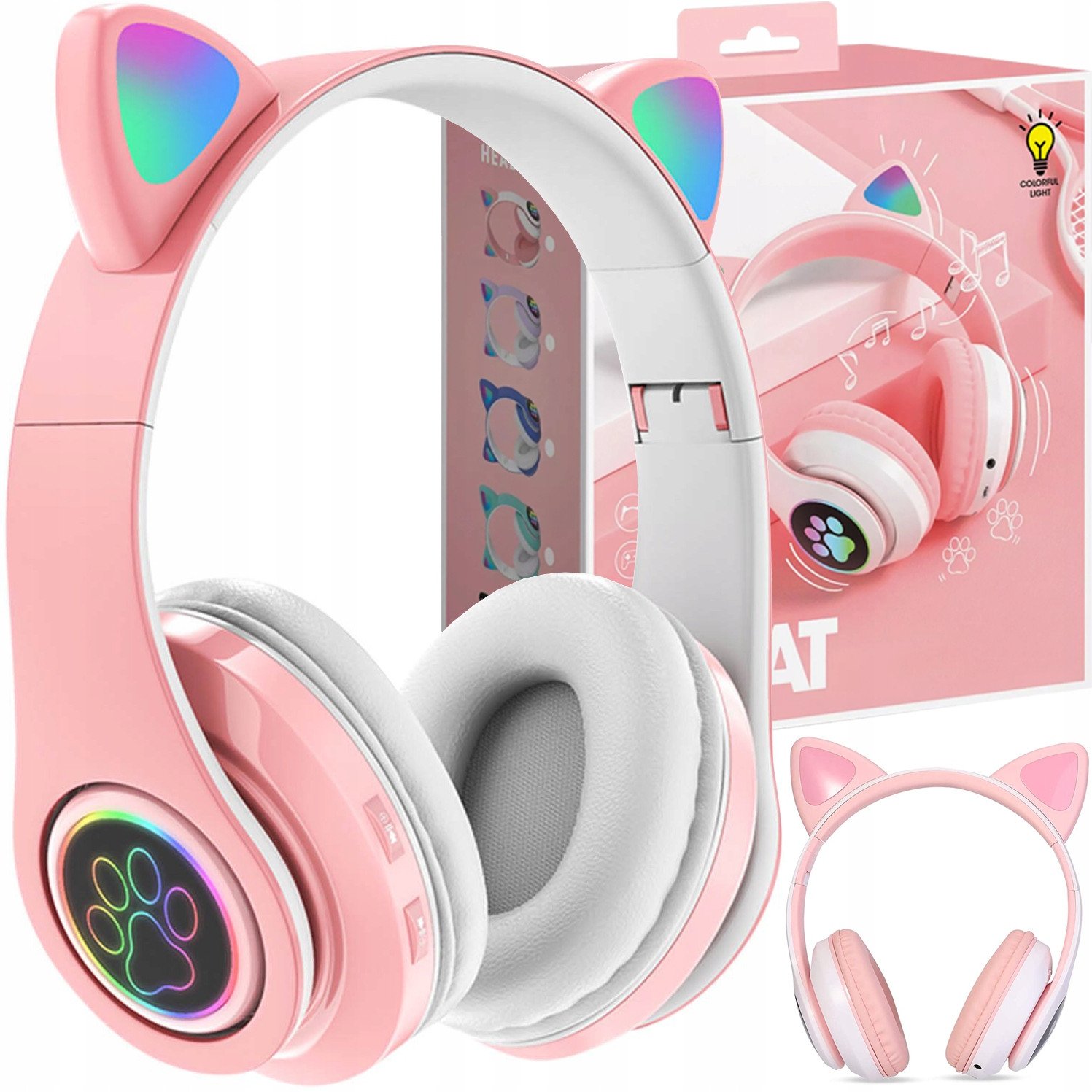 Kufje wireless për fëmijë me mikrofon, LED, me veshë mace shumëngjyrësh