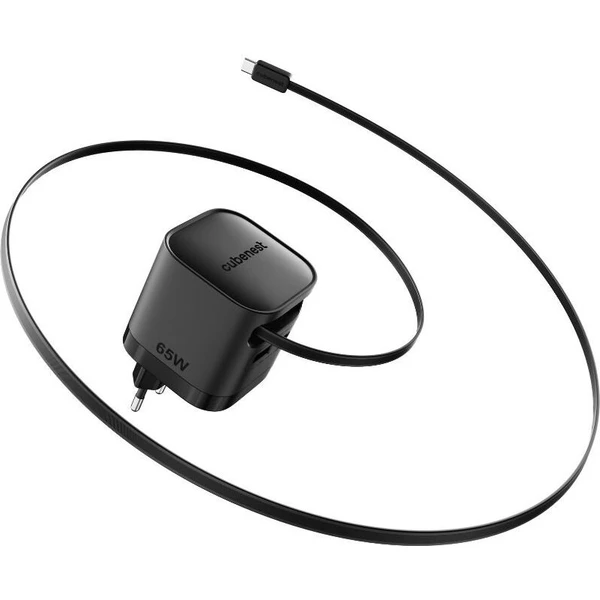 Полнач Cubenest S3D2 PD GaN, 65W, со USB C кабел, црн