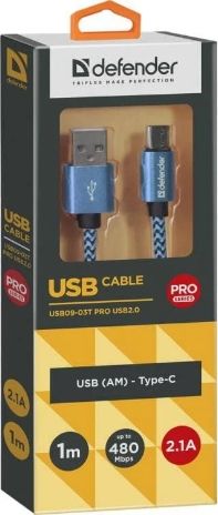 Kabllo Defender USB A - USB C 87817, 1m, e kaltër