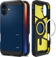 Mbështjellës telefoni Spigen Tough Armor MagSafe për iPhone 16, dy shtresa, me mbështetëse, blu e errët