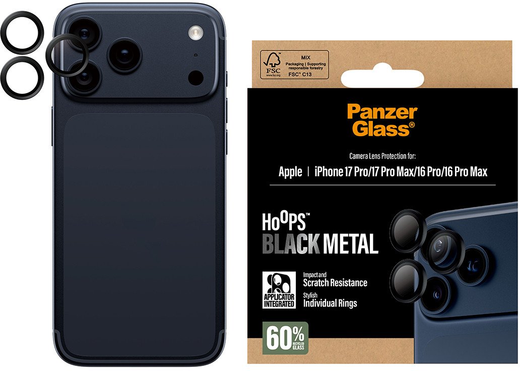 Mbrojtës kamere PanzerGlass Hoops, për iPhone 17 Pro 17 Pro Max 16 Pro 16 Pro Max, i zi