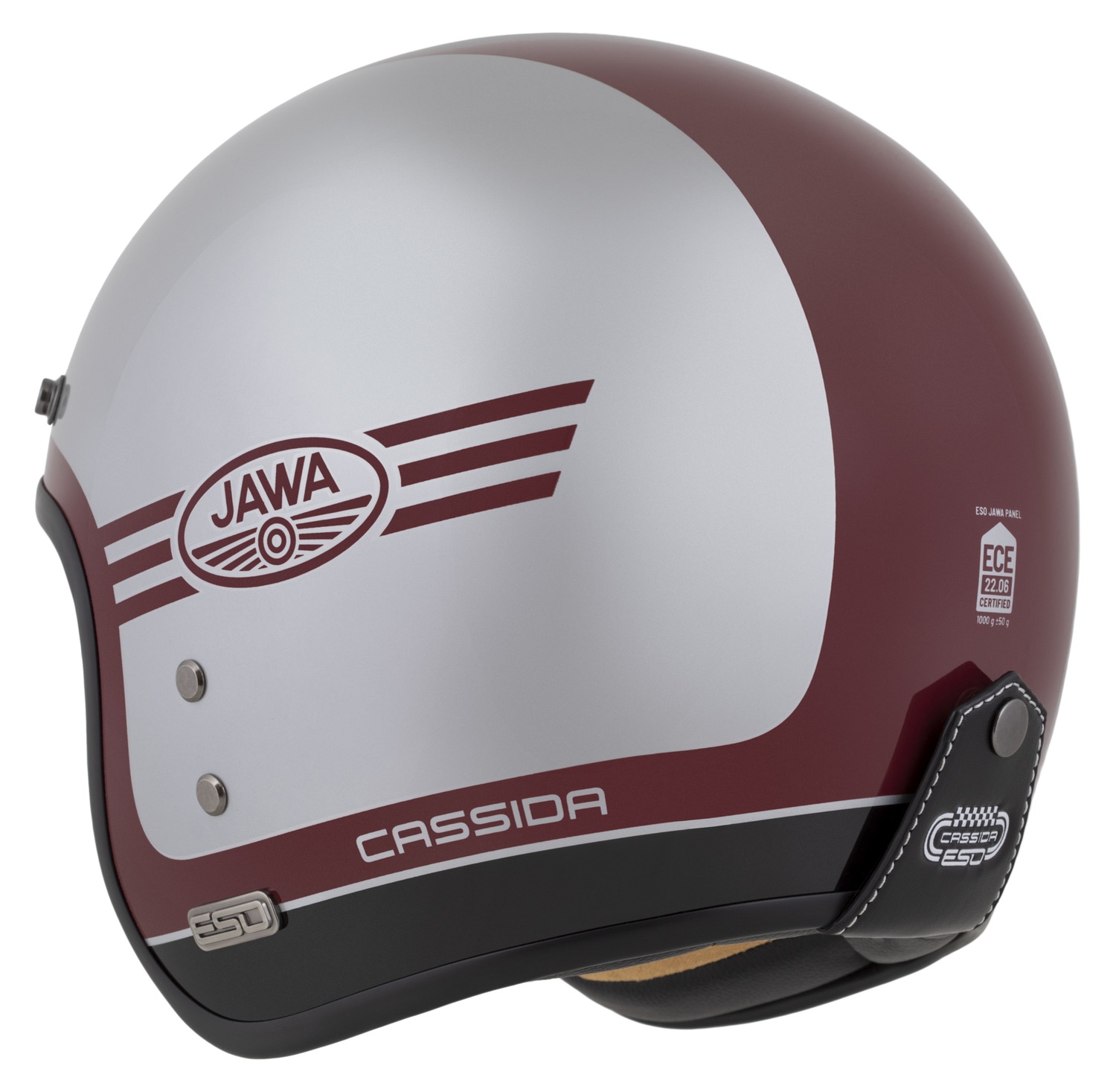 Helmetë moto CASSIDA ESO Jawa Panel 2026, e hapur neo retro, fiberglass, e kuqe argjendtë e zezë