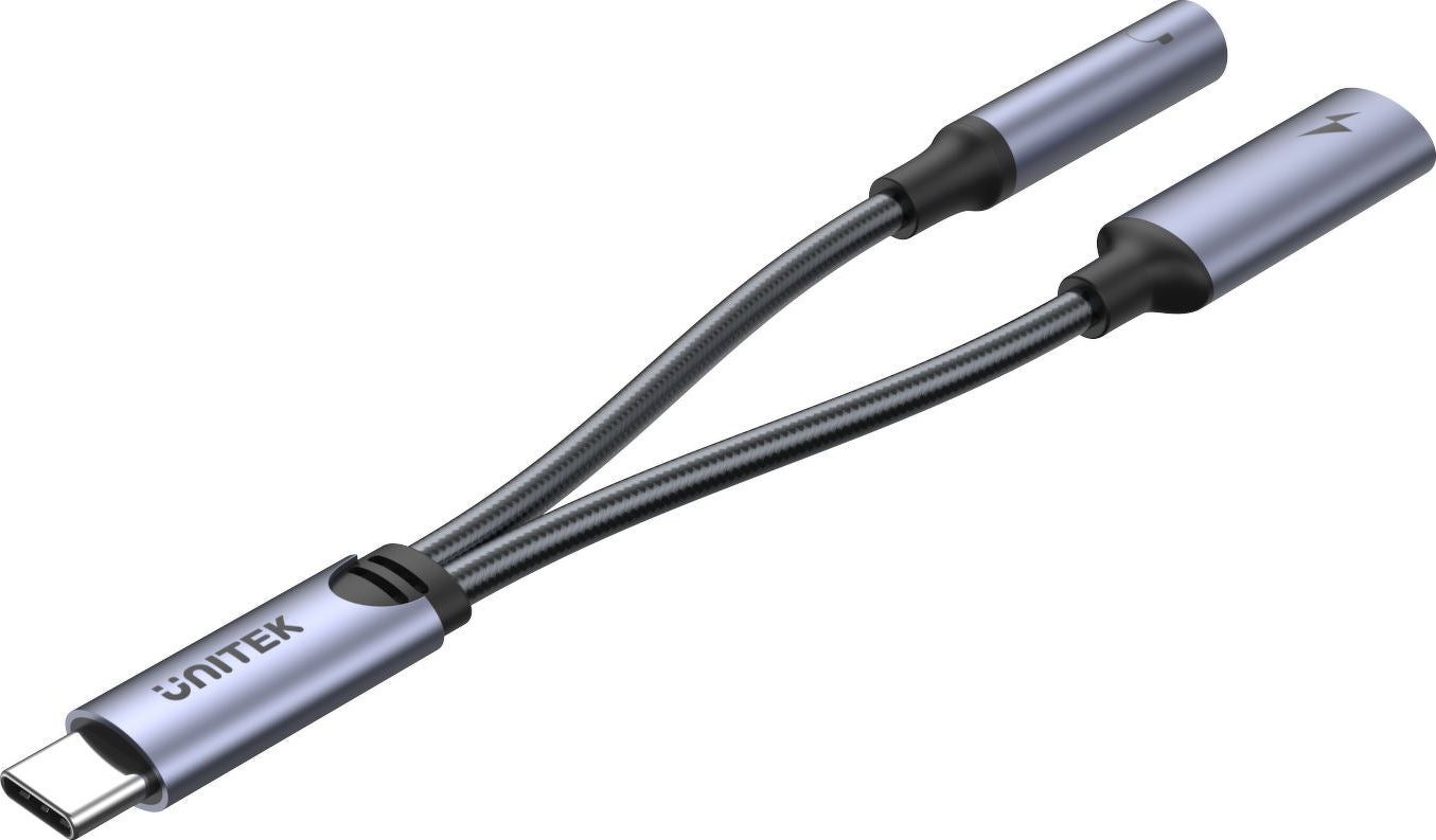 Adapter audio USB Unitek M205A, USB C në 3.5mm Jack dhe USB C, argjendtë