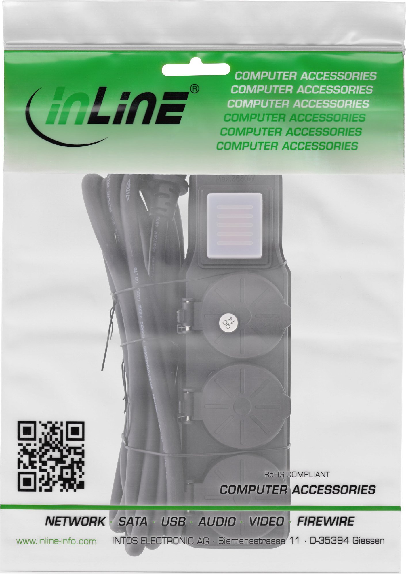 Shirit zgjatues InLine Outdoor, 3 presa Schuko, IP44, 10m, i zi