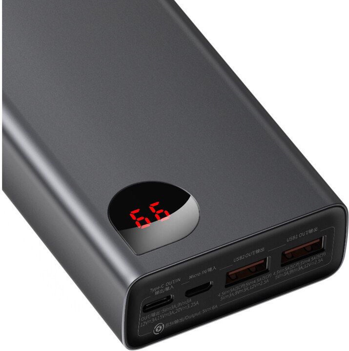 Powerbank me ekran dixhital Baseus Adaman Metal QC + PD, 20000mAh, 65W, i zi + kabllo USB-A/USB-C, 30cm, e zezë