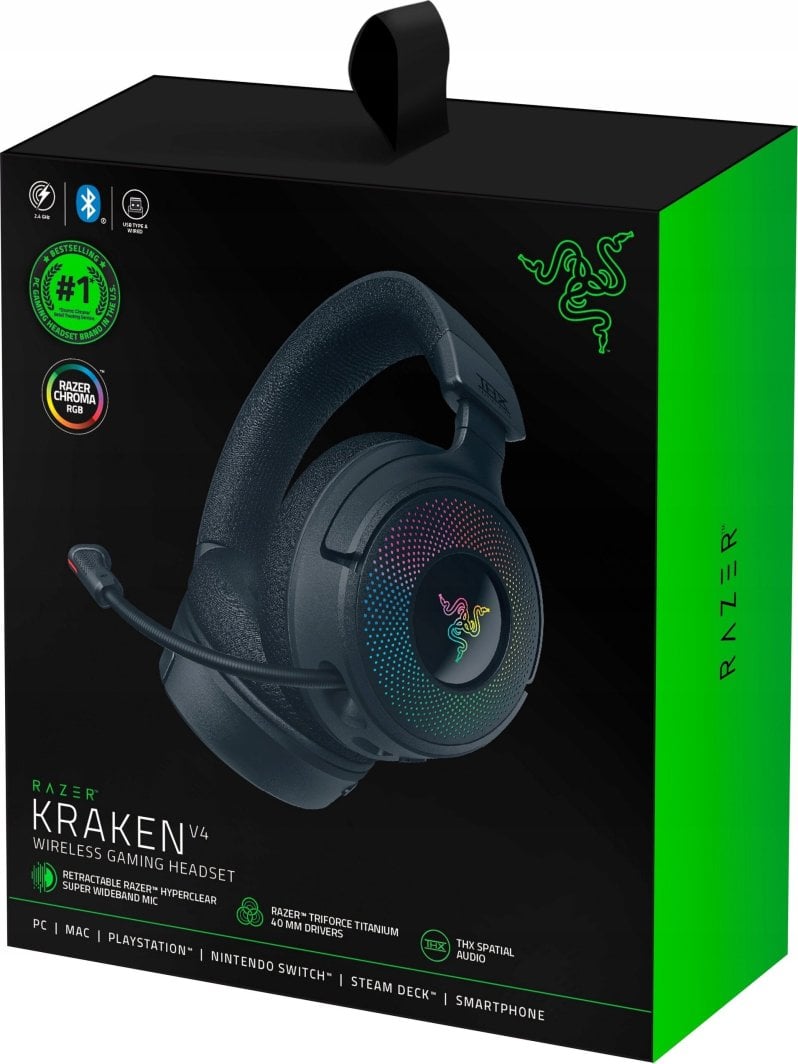 Kufje gaming Razer Kraken V4 Wireless, pa tela, RGB, të zeza