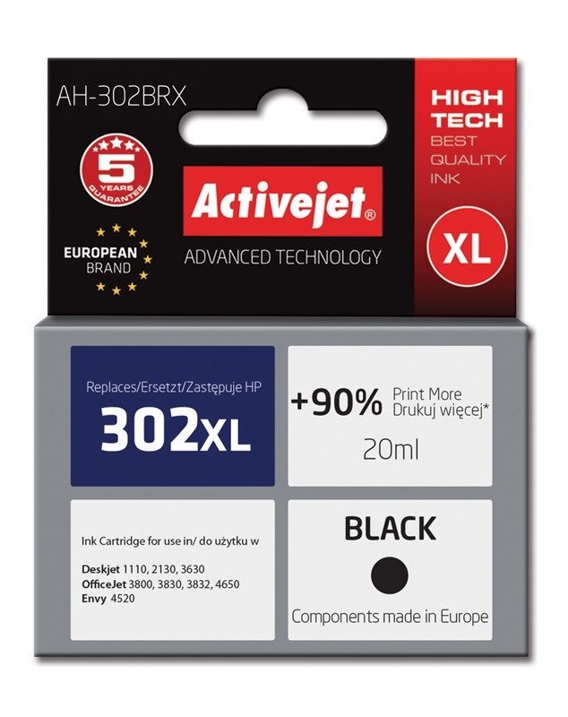 Ngjyrë për printer Activejet AH-302BRX (zëvendësim për HP 302XL F6U68AE), 20 ml, e zezë