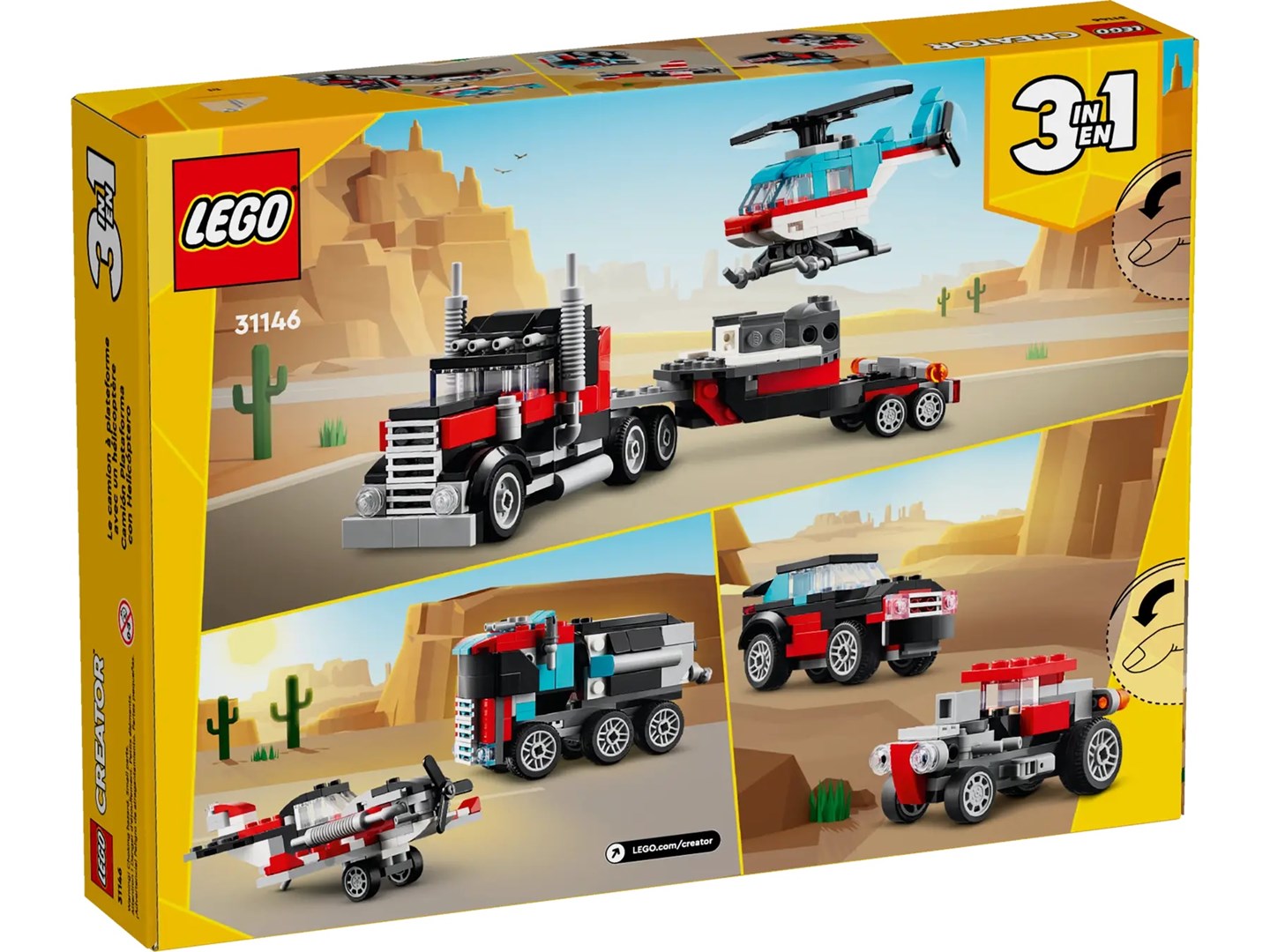 Set LEGO Creator 3 in 1 Flatbed Truck with Helicopter 31146, kamion dhe helikopter, shumëngjyrësh