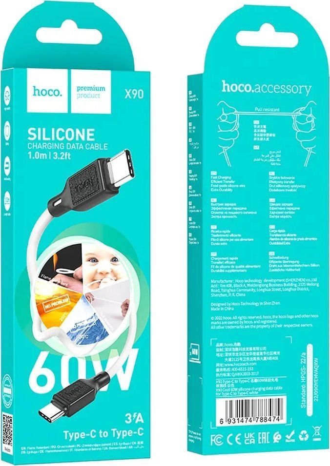 Kabllo USB Hoco X90, USB A në USB C, 3A, 1m, e bardhë