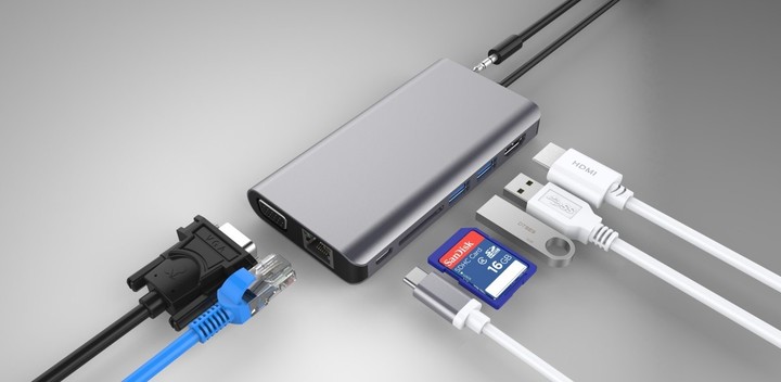 Konvertues PremiumCord USB3.1 type-C në HDMI+VGA+RJ45+2xUSB3.0+SD card +3,5mm+PD charge