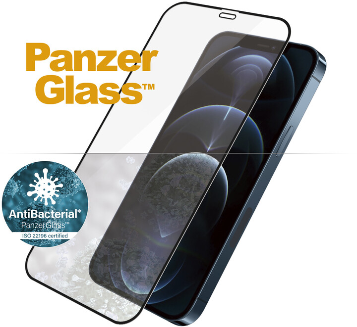 [OUTLET] Xham mbrojtës PanzerGlass Edge-to-Edge për Apple iPhone 12 Pro Max 6.7", antibakterial, 0.4mm, me kornizë të zezë