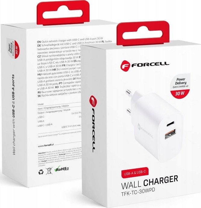 Karikues rrjeti Forcell 30W, 3A, 2 porta USB A dhe USB C, i bardhë