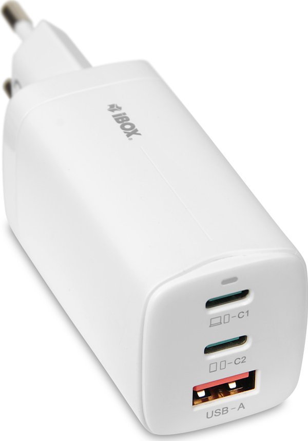 Полнач за ѕид iBOX GaN C-65, 65W PD, 2x USB-C 1x USB-A, бел