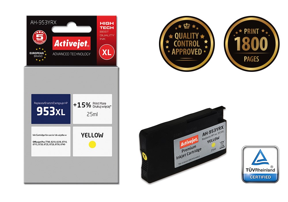 Ngjyrë për printer Activejet AH-953YRX (zëvendësim për HP 953XL F6U18AE), 25 ml, e verdhë