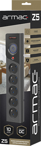 Kabllo zgjatëse Armac Z5, me mbrojtje nga shkarkesat elektrike, 5x priza FR, me ndërprerës, 5m, e zezë