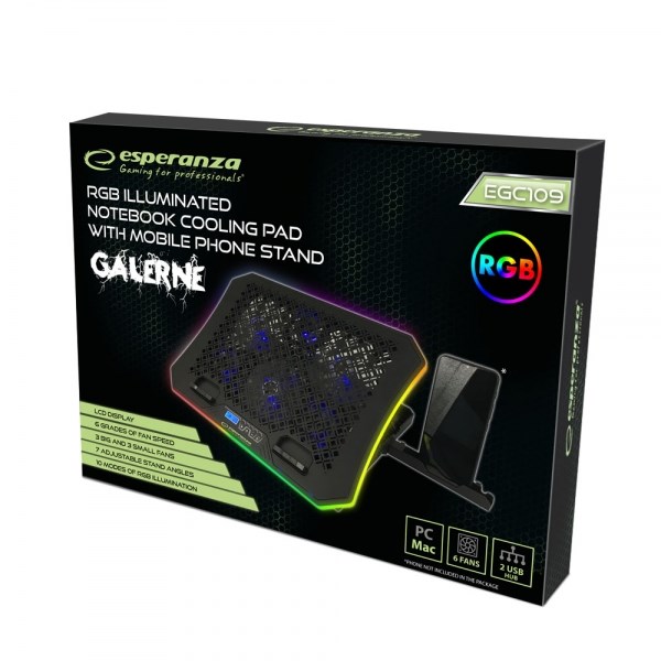 Stand ftohës për laptop Esperanza RGB GALERNE EGC109, me ventilator, me ndriçim RGB, i zi