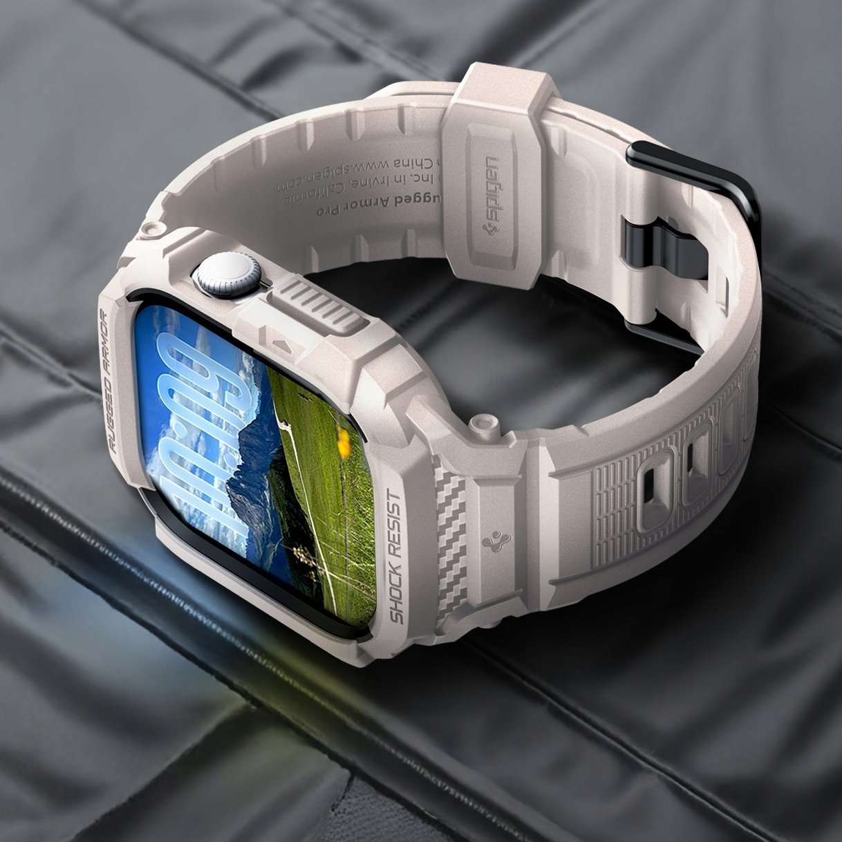 Këllëf me rrip Spigen Rugged Armor Pro 2 për Apple Watch Series 11 10 42mm, TPU, Dune Beige