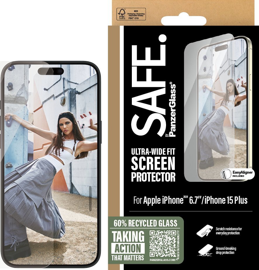 Mbrojtëse ekrani PanzerGlass SAFE iPhone 16 Plus 15 Plus, Ultra Wide Fit, transparente