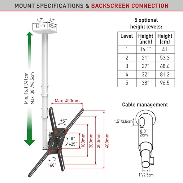 Mbajtës tavanor për TV, 97 cm, 13-65", 40 kg, i bardhë