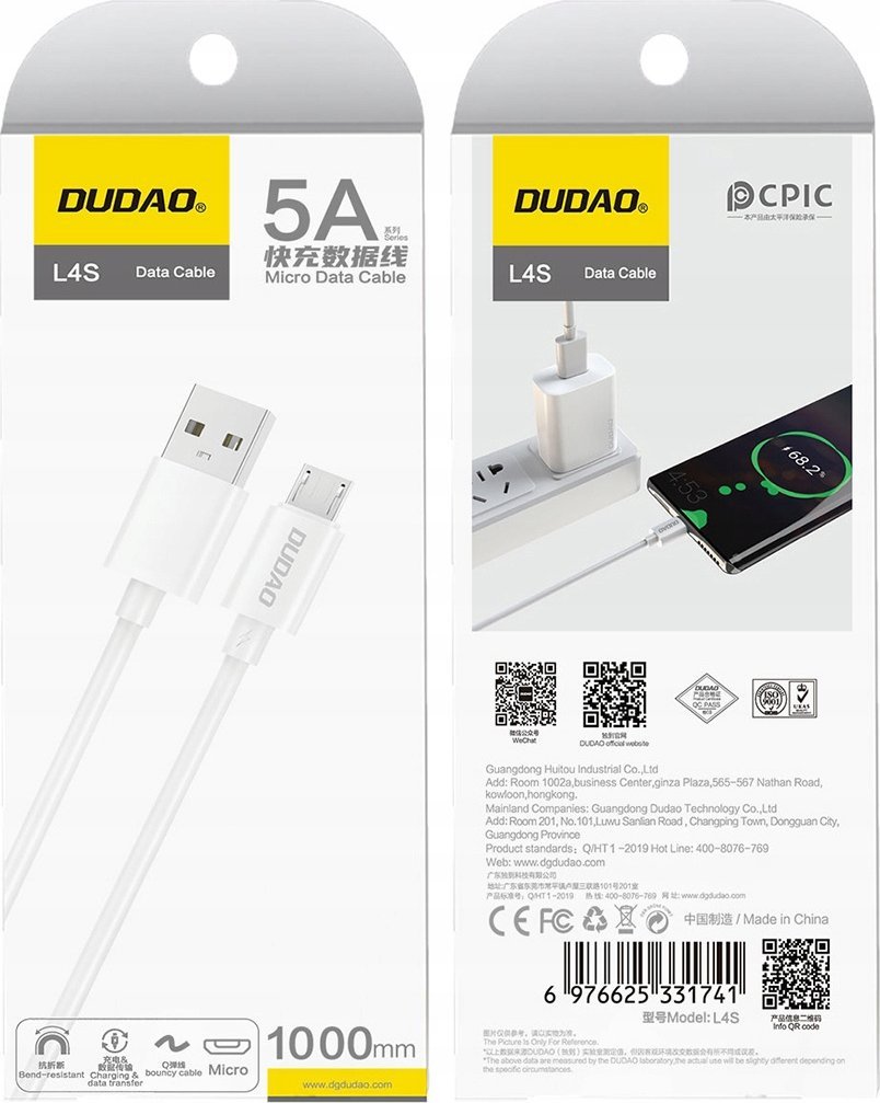 Kabllo USB Dudao L4SM, USB A në micro USB, 2A, 1m, e bardhë