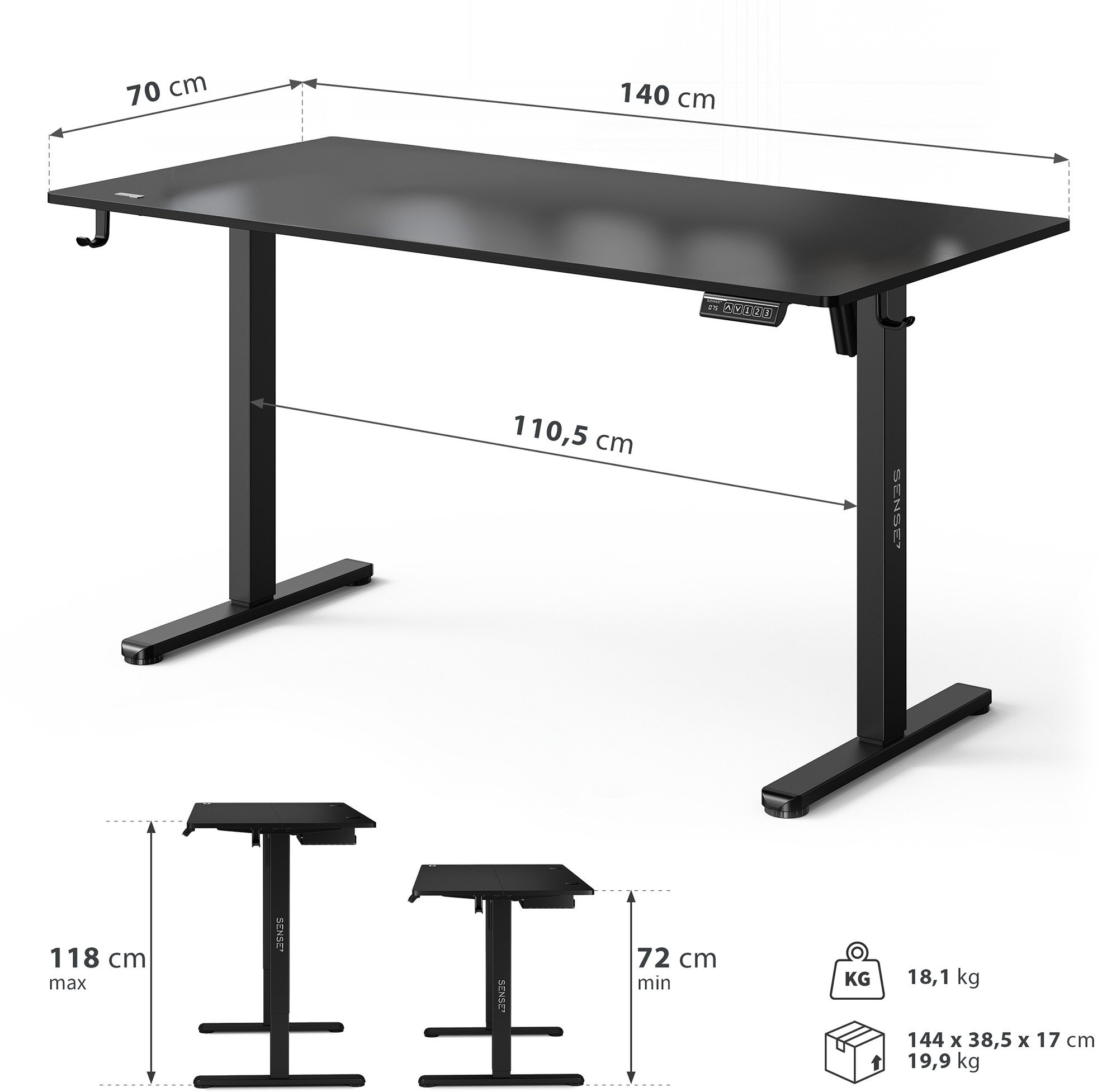 Tavolinë elektrike SENSE7 NOJO LIGHT, 140 x 70 cm, e zezë