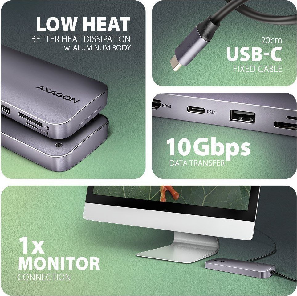 USB HUB Axagon HMC-6GM2, USB-C 10Gbps, 6 në 1, HDMI 4K, PD 100W, gri