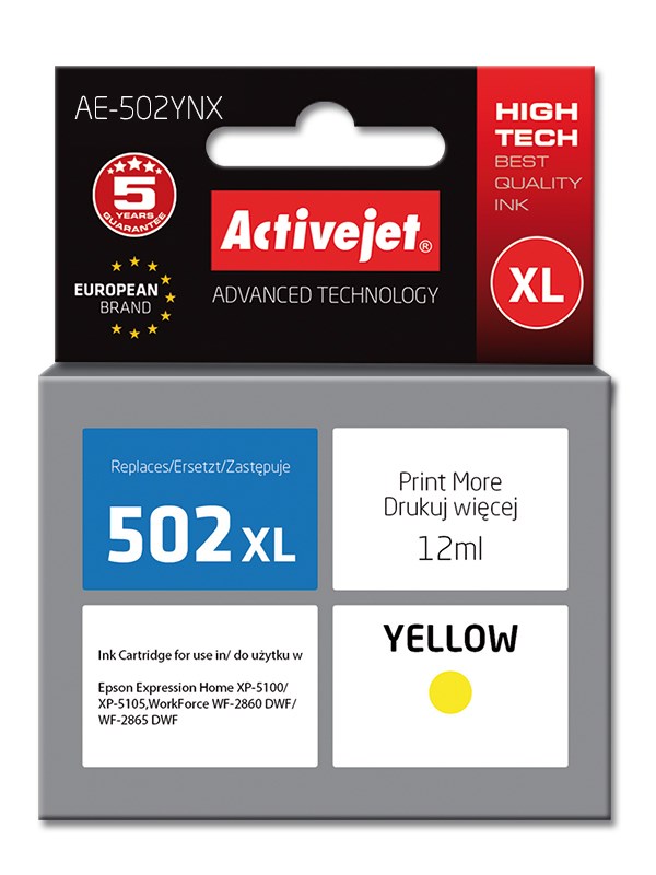 Ngjyrë për printer Activejet AE-502YNX (zëvendësim për Epson 502XL W44010), 12 ml, e verdhë