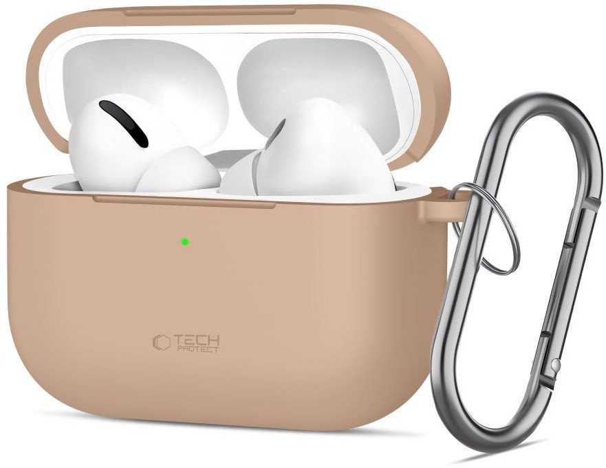 Kuti mbrojtëse Tech-Protect Silicone Hook për Apple AirPods Pro 3, silikon, me karabinë, Caffe Latte