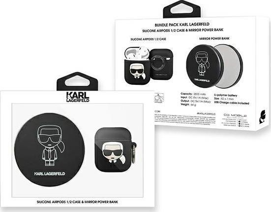 Mbrojtëse Karl Lagerfeld për AirPods + power bank, e zezë