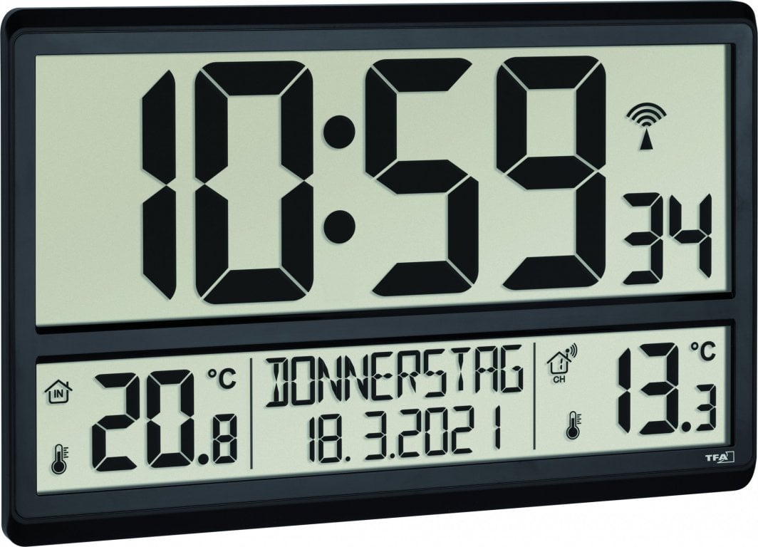 Orë murale digjitale TFA 60.4521.01 XL, radiosinjal, termometër brenda jashtë, e zezë