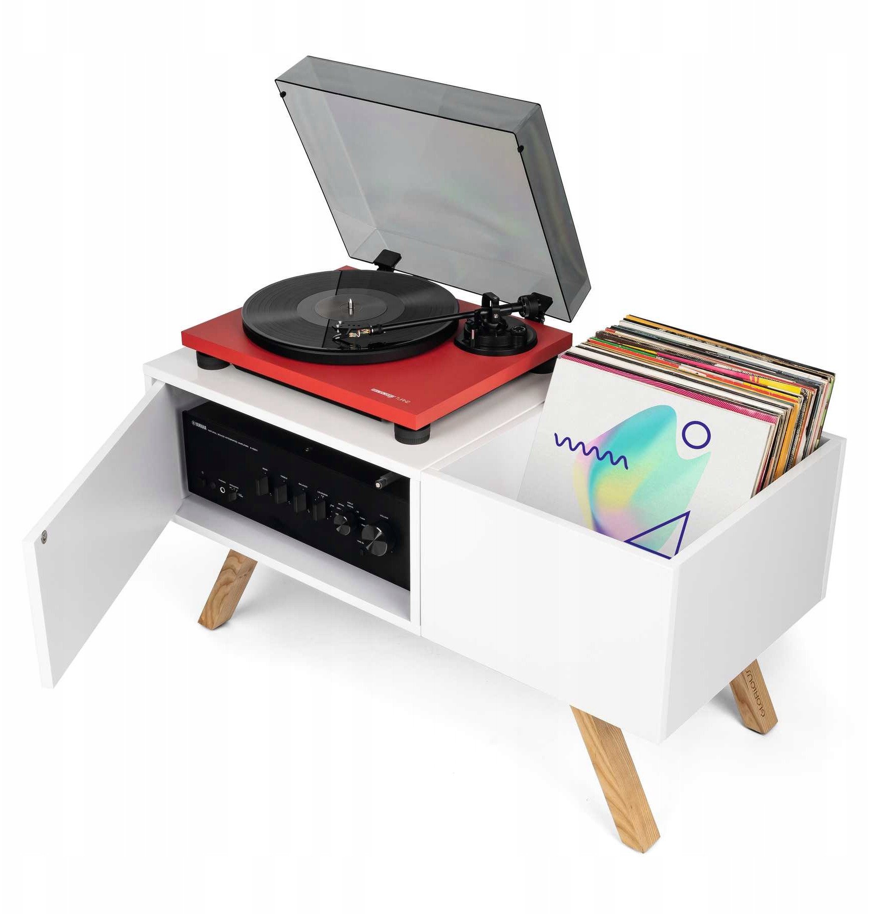 Komodë gramafoni Glorious Turntable Lowboard, hapësirë për 130 vinile, dru i bardhë me shkëlqim