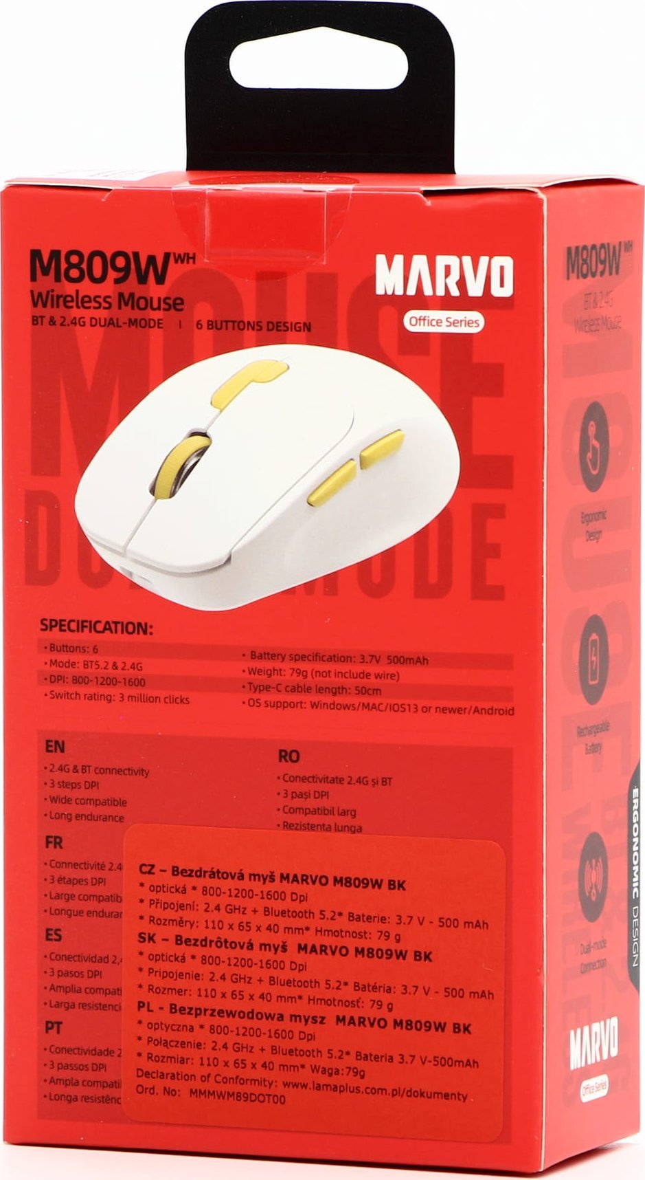 Maus wireless Marvo M809W, 1600 DPI, Bluetooth 2.4 GHz, i bardhë