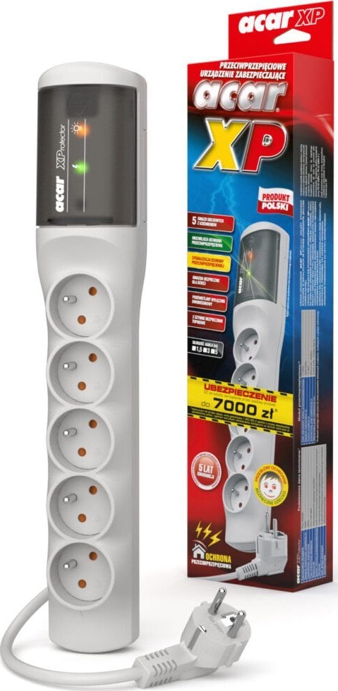 Kabllo elektrike vazhduese Acar XP Standard, 5 priza, 3 m, gri