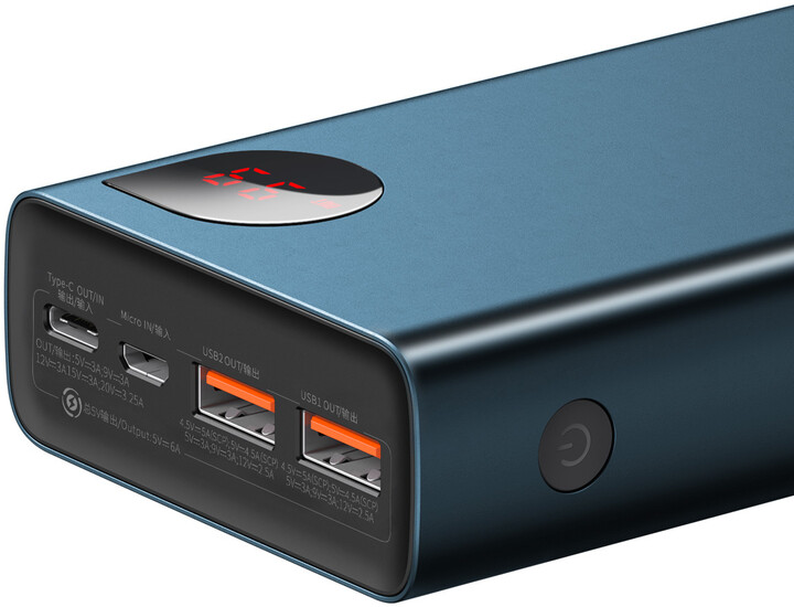 Powerbank me ekran dixhital Baseus Adaman Metal QC + PD, 20000mAh, 65W, i kaltër + kabllo USB-A/USB-C, 30cm, e zezë