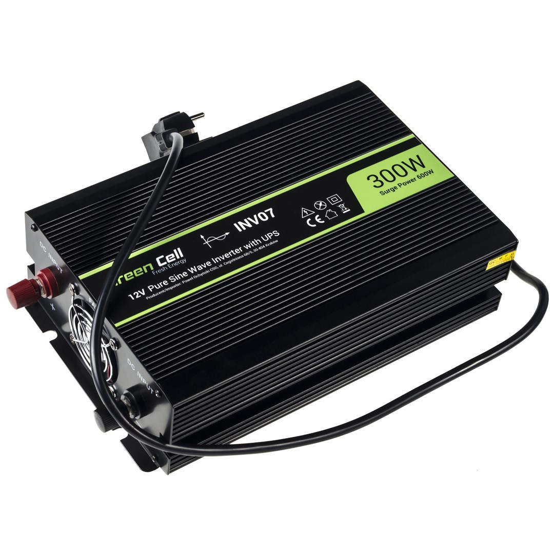Inverter për veturë Green Cell INV07, 12 V në 230 V, 300 W, i zi
