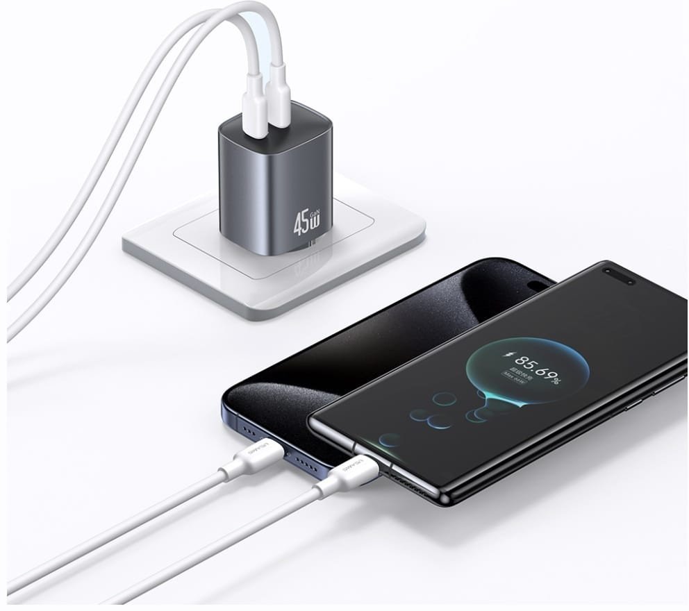 Полнач USB Usams CC305 T66, 45W GaN, 2x USB C, сив