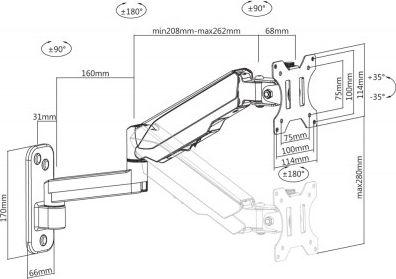 Mbajtëse muri për TV 17-32", me sustë gazi, zgjatim 42.2 cm, e zezë