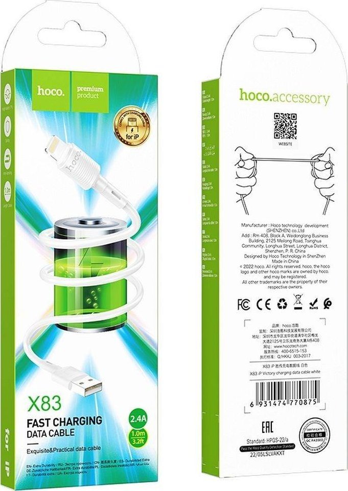 Kabllo Hoco X83 USB A në Lightning, 1 m, 2.4A, e bardhë