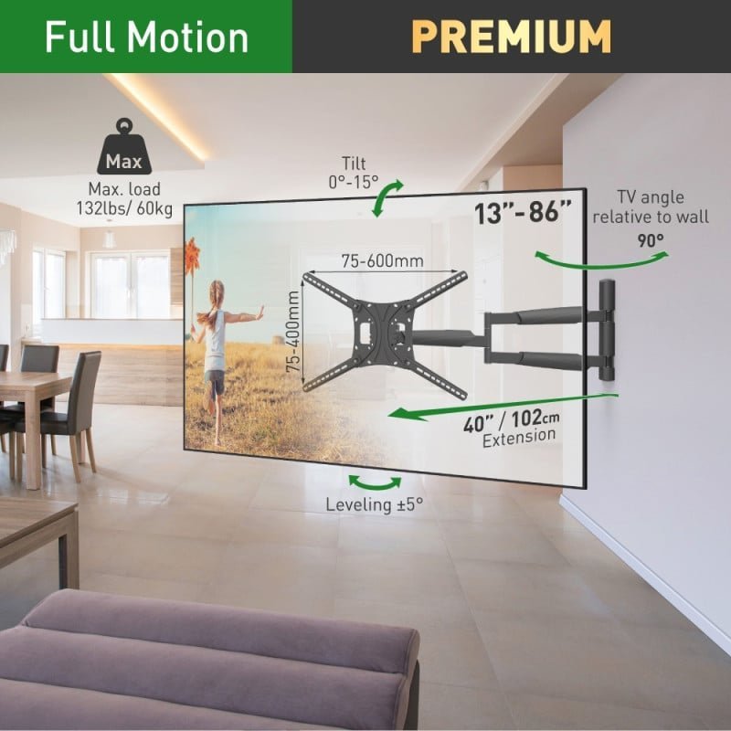 Mbajtëse murale TV Barkan BM443XL, 13–86", krah 102 cm, 60 kg, e zezë