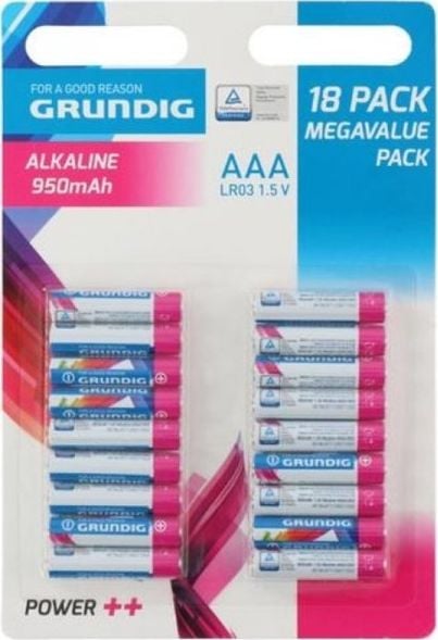 Алкални батерии Grundig AAA R03, 950mAh, пакување 18 парчиња