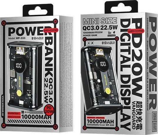 Надворешна батерија Векоме WP-333, 10000mAh, PD 20W QC 22.5W, црна транспарентна