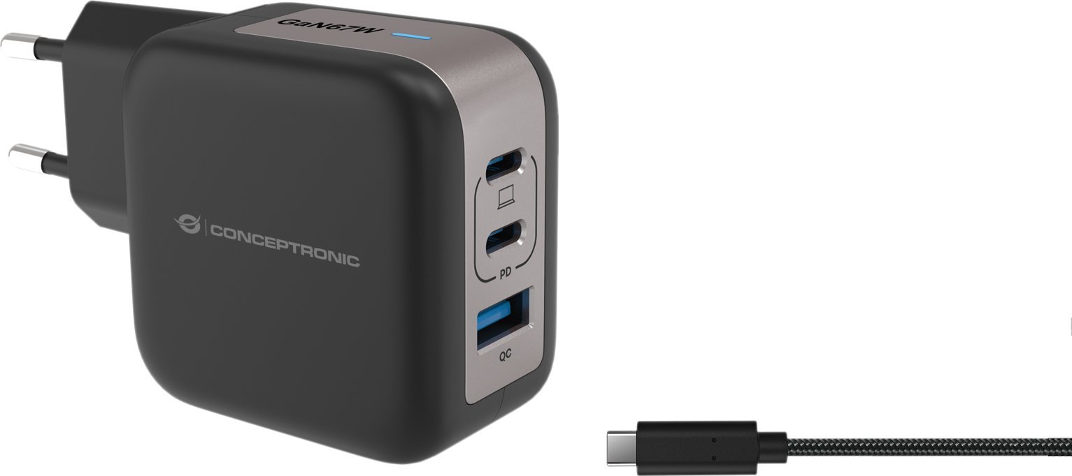 Karikues Conceptronic 3 Port GaN, 67W, USB PD dhe Quick Charge, i bardhë