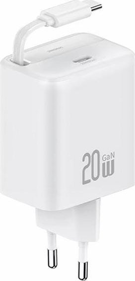 Karikues rrjeti Usams, 1x USB-C, kabllo USB-C tërheqëse, 20W PD QC, i bardhë