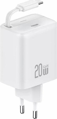 Karikues rrjeti Usams, 1x USB-C, kabllo USB-C tërheqëse, 20W PD QC, i bardhë