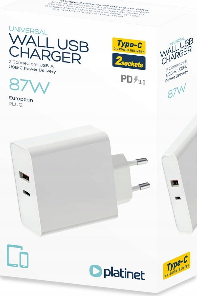 Karikues muri Platinet Wall Charger 87W, USB C PD 65W, USB A 12W, i bardhë