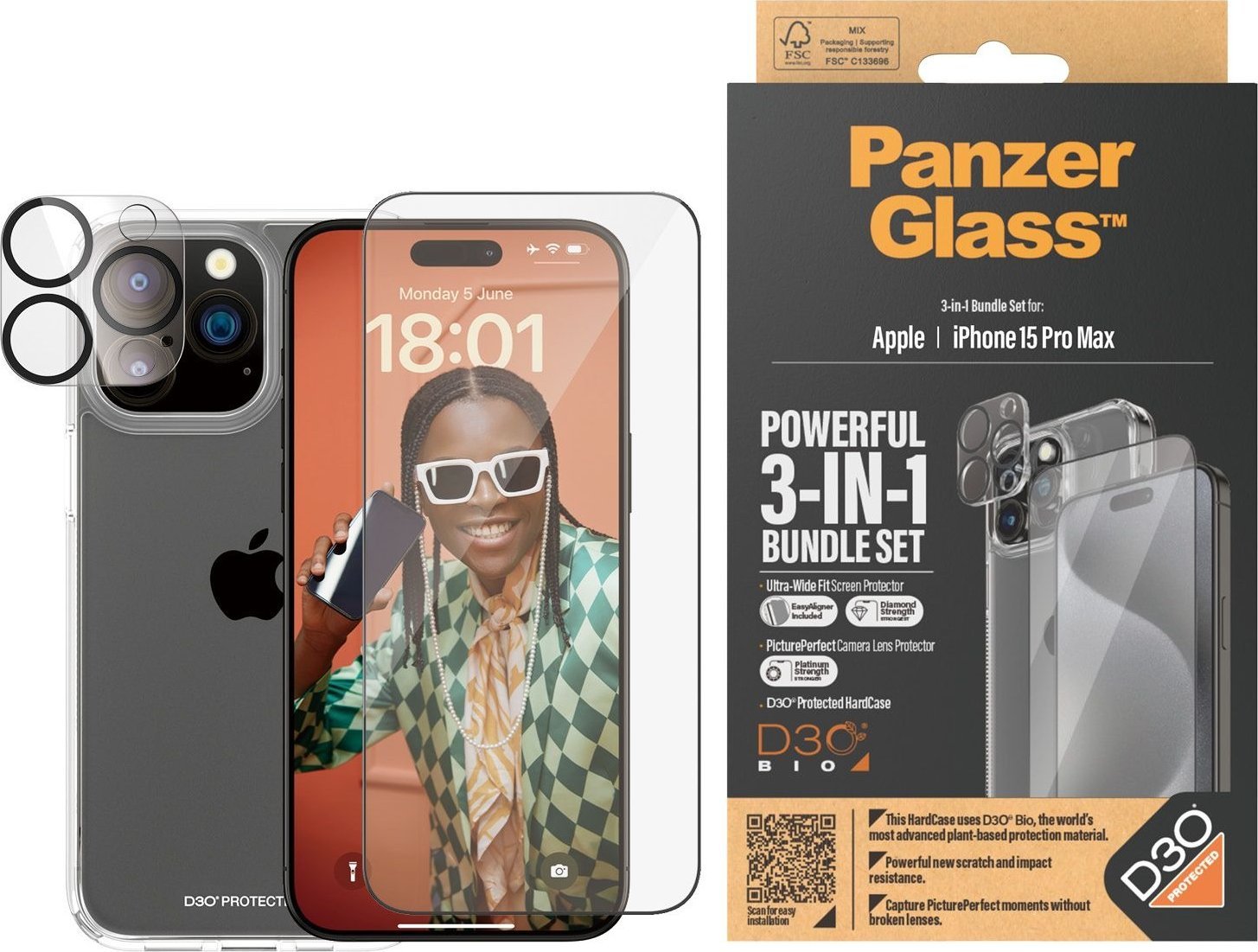 Set mbrojtës PanzerGlass për Apple iPhone 15 Pro Max, ClearCase me D3O, xham mbrojtës UWF, mbrojtës kamere transparent