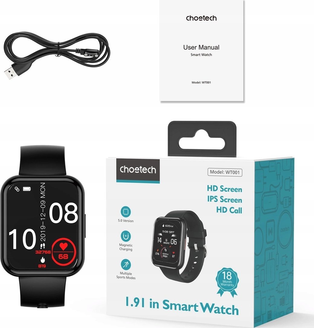 Smartwatch Choetech WT001, ekran 1.91", IP67, karikim wireless, i zi
