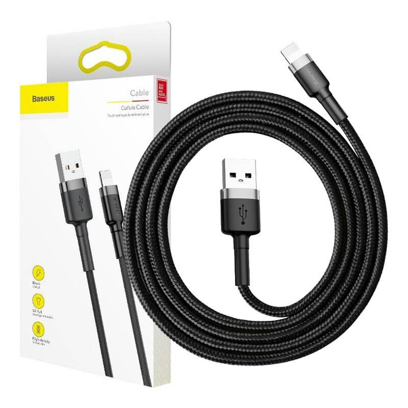Kabllo karikues Baseus USB A në Lightning, 2 m, 1.5A, e zezë gri
