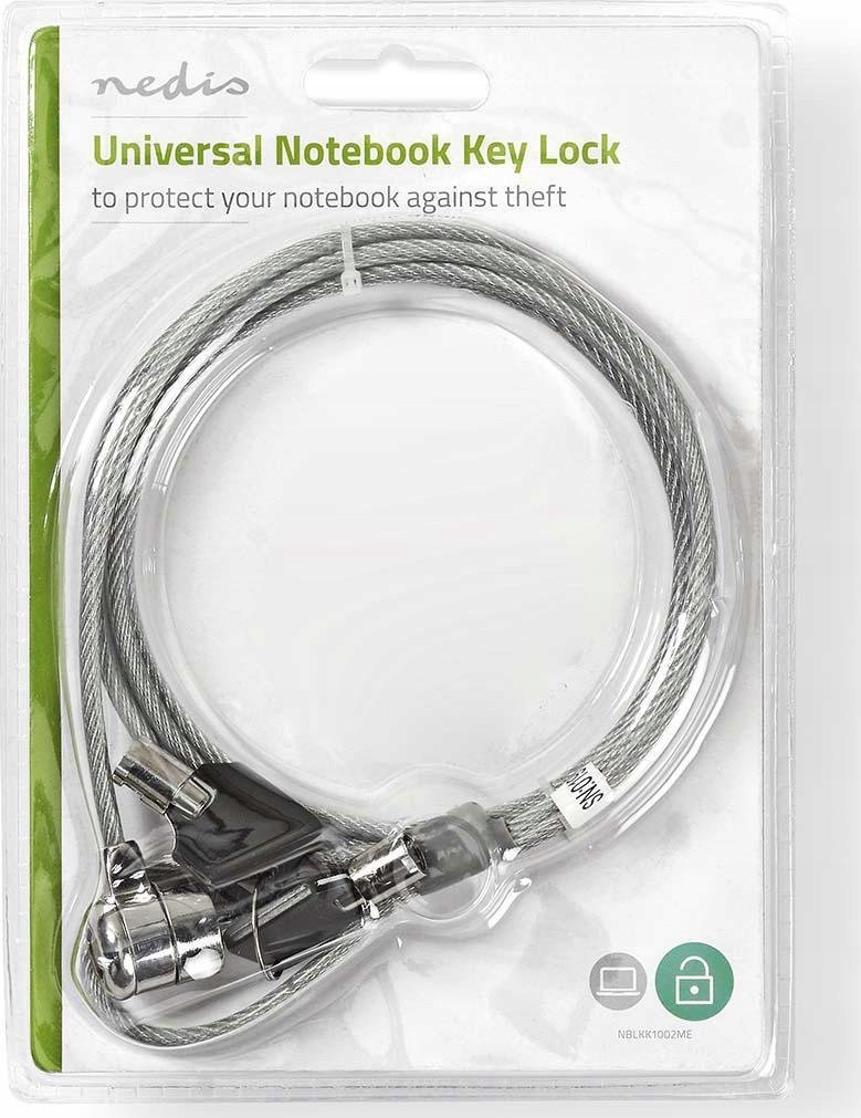 Kabëll sigurie për laptop Nedis Notebook Lock, bravë me çelës, 1.8m, metalik