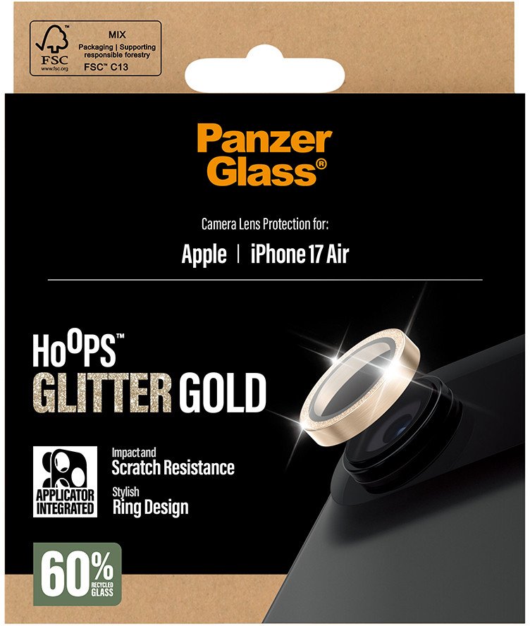 Mbrojtës kamere PanzerGlass Hoops për iPhone Air, set unazash xhami, me shkëlqim, ngjyrë ari